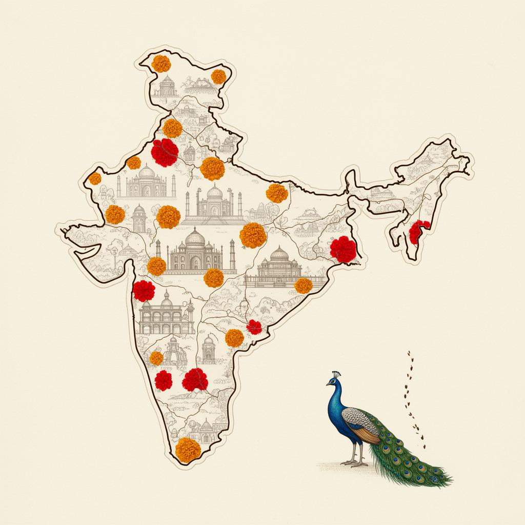Hand-illustrated artistic map of India
